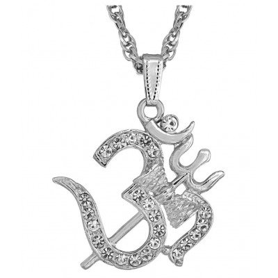 Silver Plated Brass Shiva Mahadev Bolenath Symbols Hald Moon, Damru, Om Pendant chain for Men and Women