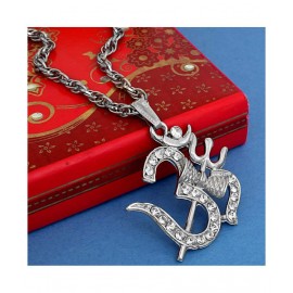 Silver Plated Brass Shiva Mahadev Bolenath Symbols Hald Moon, Damru, Om Pendant chain for Men and Women