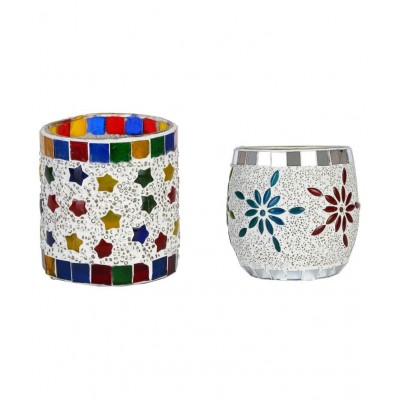 Somil Multicolour Table Top Glass Tea Light Holder - Pack of 2