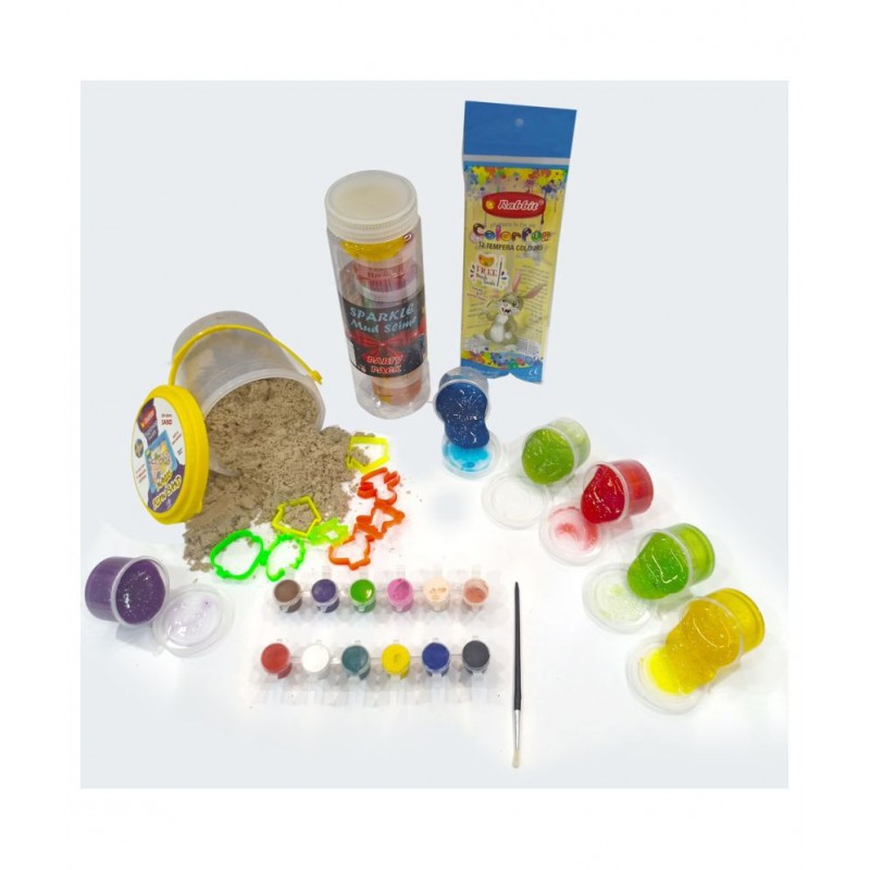 Sparkle Mud Slime Party Pack|Play with Slime|Colorful Slime|Bright Colors|Slime Party|+Sand Bucket 500gms|Combo Contains 10 Sand toys+ roller and cutter + 1 packet of Tempera Color|Play Sand Kit|Safe Sand for toddlers| Play Sand Slime for Kids Boys G