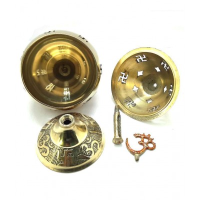 Spherulemuster Brass Akhand Jyoti Diya Om Swastic Stand with Cover Oil Lamp for Temple, Home & Office Décor 14 Cm  with Tika Katori- Brass Material