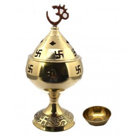 Spherulemuster Brass Akhand Jyoti Diya Om Swastic Stand with Cover Oil Lamp for Temple, Home & Office Décor 16 Cm with Tika Katori- Brass Material