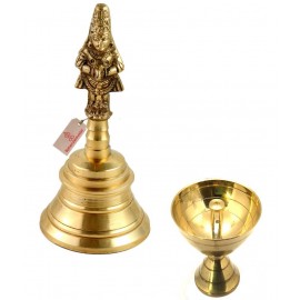 Spherulemuster Brass Handmade Hanuman Face Ghanti/Bell with Akhand Jyoti Deepak and batti- Brass Material (Gold, Colour)