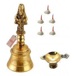 Spherulemuster Brass Handmade Pooja Ghanti Hanuman Face with Deepak Diya Batti Metal Design- (Gold Colour)