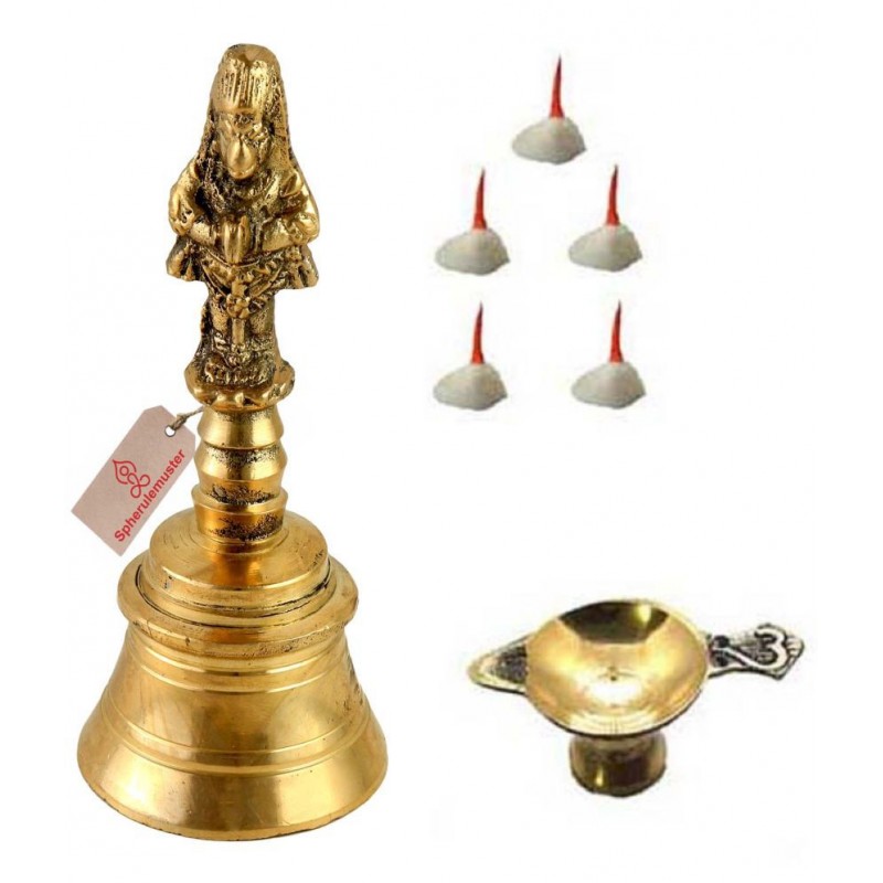 Spherulemuster Brass Handmade Pooja Ghanti Hanuman Face with Deepak Diya Batti Metal Design- (Gold Colour)