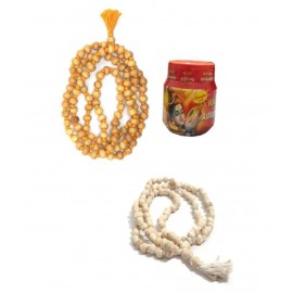 Spherulemuster Haldi Chandan Mala with White Tulsi Jap Mala with Ashtaganda Chandan Tika