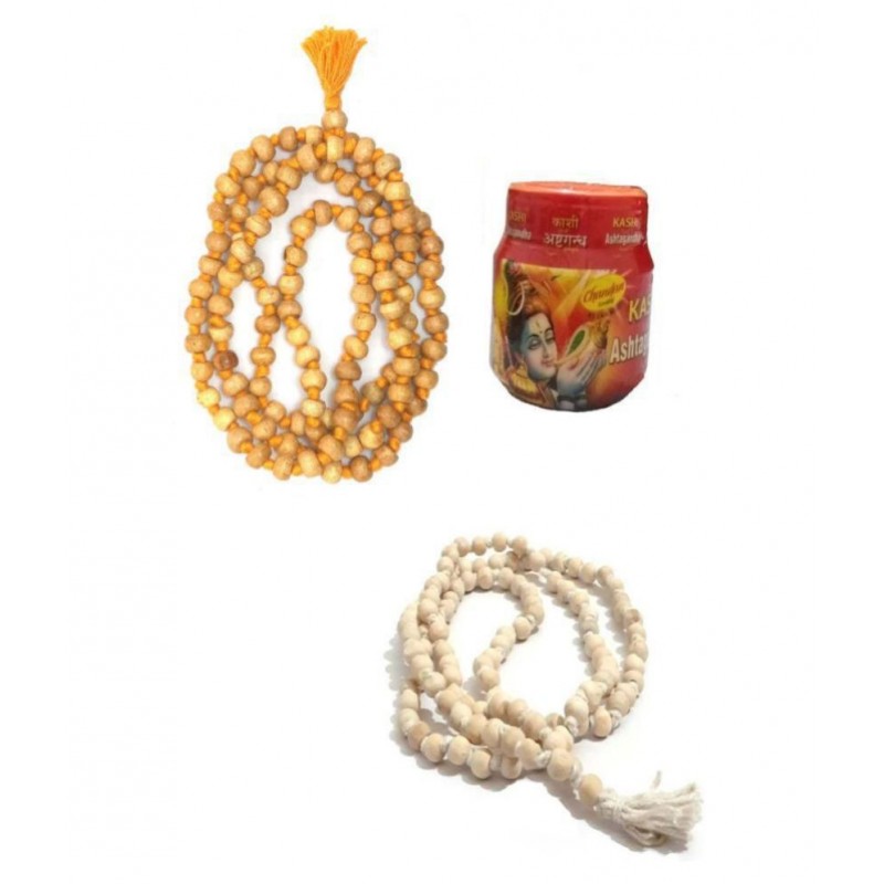 Spherulemuster Haldi Chandan Mala with White Tulsi Jap Mala with Ashtaganda Chandan Tika