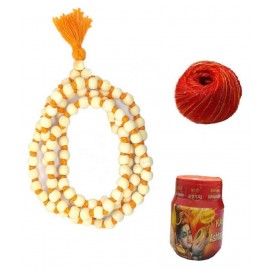 Spherulemuster Tulsi Mala (108+1) Beads Orange Thread with Cotton Kalwa and Chandan Tika