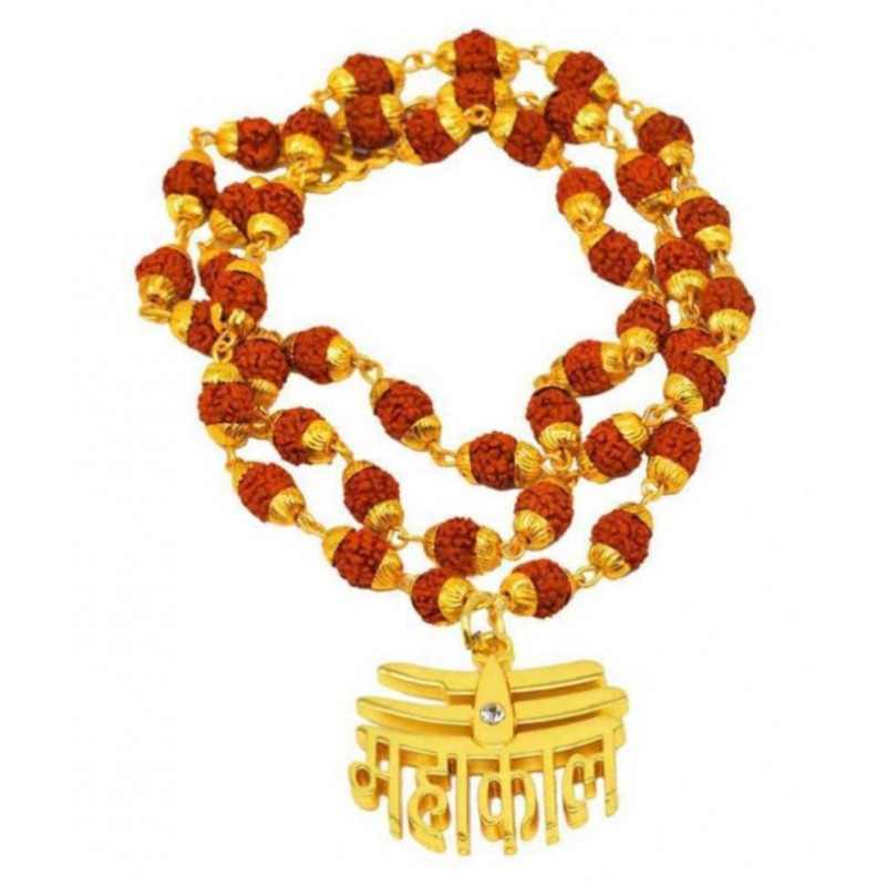 Spiritualis Mantra Mahakal Locket With Punchmukhi Rudraksha Mala Gold-plated Chain ( Fancy mala )