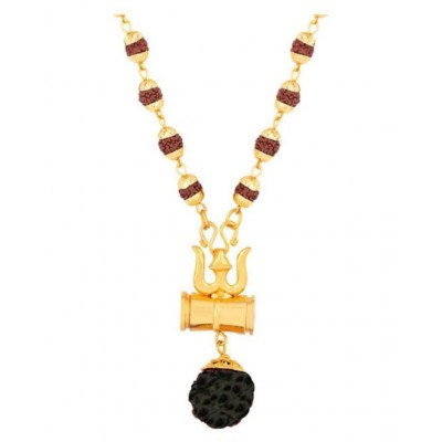 Spirituallis Mantra Shiv Trishul Damru Locket With Puchmukhi Rudraksha Mala Gold-plated Plated Chain