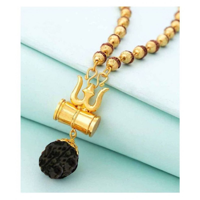 Spirituallis Mantra Shiv Trishul Damru Locket With Puchmukhi Rudraksha Mala Gold-plated Plated Chain