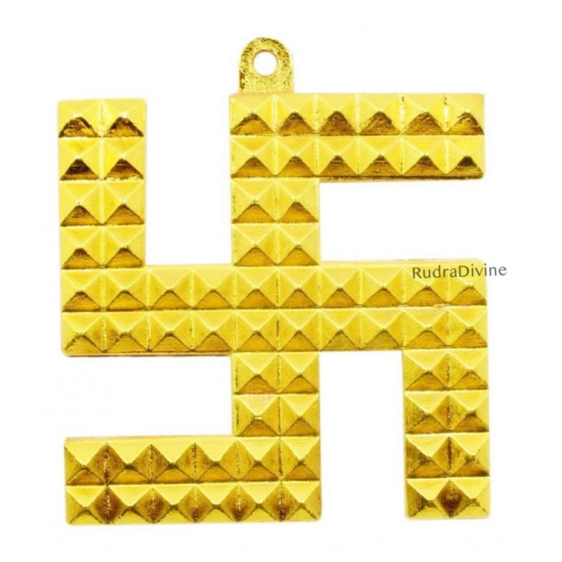 Swastik with Pyramids Wall Hanging Brass/Ashtadhatu Gold Plated Metal Porcelain Zinc Vastu/Feng Shui Swastik Pyramid Door Sign for Nazar Dosh