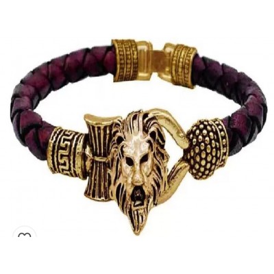 TEVATIYA Rudraksha Lion Trishul Damroo Designer Oxidized Gold Bahubali Leather Bracelet for Men & Women