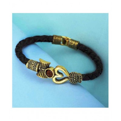 TEVATIYA Rudraksha OM Trishul Damroo Designer Oxidized Gold Bahubali BROWN Leather Kada Bracelet for Men & Women