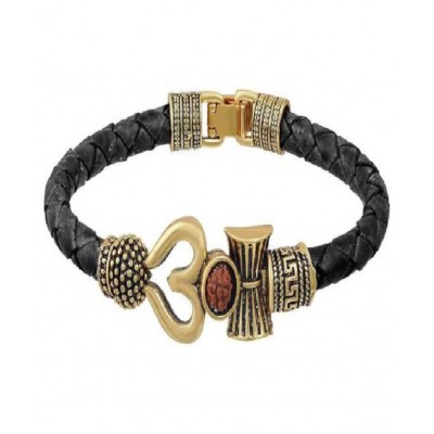 TEVATIYA Rudraksha OM Trishul Damroo Designer Oxidized Gold Bahubali BROWN Leather Kada Bracelet for Men & Women