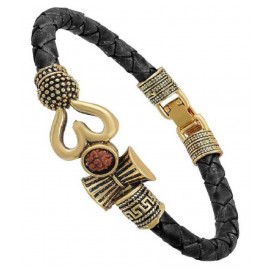 TEVATIYA Rudraksha OM Trishul Damroo Designer Oxidized Gold Bahubali BROWN Leather Kada Bracelet for Men & Women