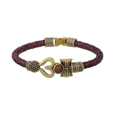 TEVATIYA Rudraksha OM Trishul Damroo Designer Oxidized Gold Bahubali Leather Kada Bracelet for Men & Women