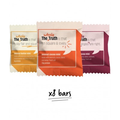 The Whole Truth - Mini Protein Bars - The Peanut Party (2 Double Cocoa Mini Bars, 3 Peanut Cocoa Mini Bars, 3 Peanut Butter Mini Bars) - Pack of 8-8 x 27g - No Added Sugar - All Natural The Whole Truth - Mini Protein Bars - The Peanut Party (2 Double Cocoa Mini Bars, 3 Peanut Cocoa Mini Bars, 3 Peanut Butter Mini Bars) - Pack of 8-8 x 27g - No Added Sugar - All Natural