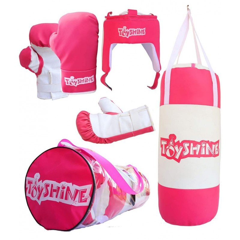Toyshine Boxing Kit for Girls with Gloves and Head Guard, 53 Cms, Filled with Cotton, Pink - B
