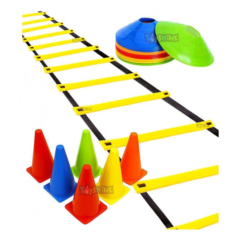 Toyshine Fitness Combo - 6 Pc (12 Inches) Stacking Cones, 10 Pc Space Markers and 1 Pc Agility Ladder (8 M) (SSTP)- Multicolour