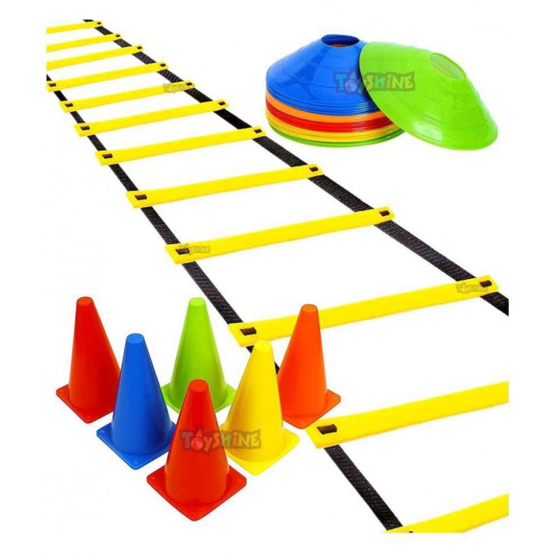 Toyshine Fitness Combo - 6 pc (9 Inches) Stacking Cones, 10 Pc Space Markers and 1 Pc Agility Ladder (6 Meters) (SSTP)