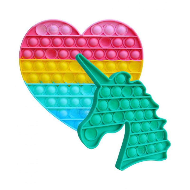 Toyshine Pack of 2- Big Heart (63 Bubbles) and Unicorn (28 Bubbles) Pop it Popping Sounds Toy, Push Bubbles for Autism Stress Reliever, Sensory Pop It Toy- Green Unicorn Mulitcolor Heart