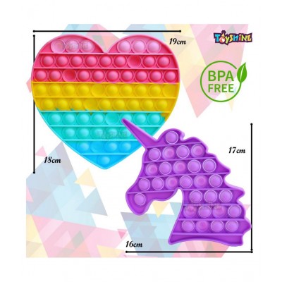 Toyshine Pack of 2- Big Heart (63 Bubbles) and Unicorn (28 Bubbles) Pop it Popping Sounds Toy, Push Bubbles for Autism Stress Reliever, Sensory Pop It Toy- Green Unicorn Mulitcolor Heart