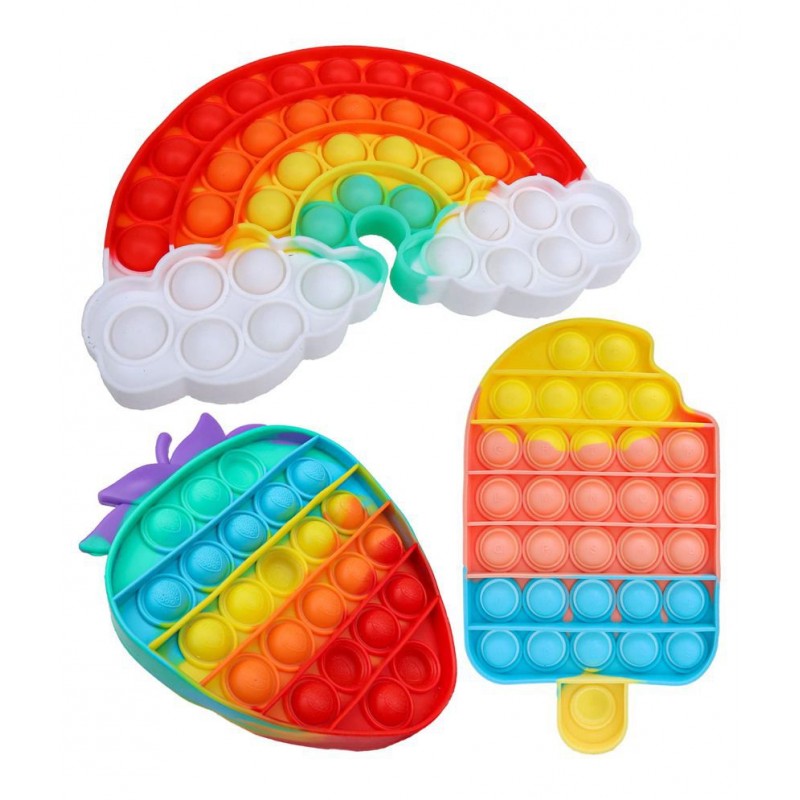 Toyshine Pack of 3 - Rainbow Stawberry and Ice Cream Fidget Popping Sounds Toy, BPA Free Silicone, Push Bubbles Toy for Autism Stress Reliever, Sensory Toy Pop It Toy