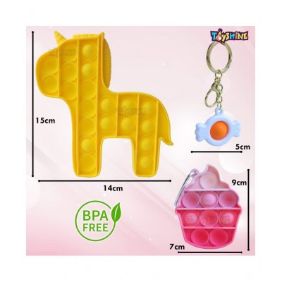 Toyshine Pack of 3- Dreamy Unicorn, Ice Cream, Key Chain Pop it Popping Sounds Toy, Push Bubbles for Autism Stress Reliever, Sensory Pop It Toy- Yellow Unicorn Multi Color Ice Cream
