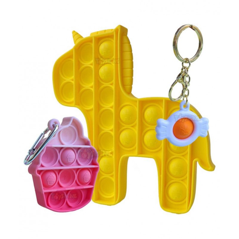Toyshine Pack of 3- Dreamy Unicorn, Ice Cream, Key Chain Pop it Popping Sounds Toy, Push Bubbles for Autism Stress Reliever, Sensory Pop It Toy- Yellow Unicorn Multi Color Ice Cream