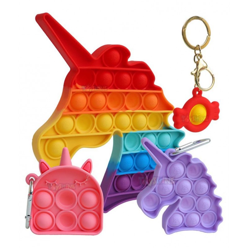 Toyshine Pack of 4- Big Unicorn, Dearmy Unicorn, Purple Unicorn, Bubble Key Ring- Fidget Popping Sounds Toy, BPA Free Silicone, Push Bubbles Toy for Autism Stress Reliever, Sensory Toy Pop It Toys