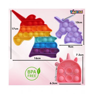 Toyshine Pack of 4- Big Unicorn, Dearmy Unicorn, Purple Unicorn, Bubble Key Ring- Fidget Popping Sounds Toy, BPA Free Silicone, Push Bubbles Toy for Autism Stress Reliever, Sensory Toy Pop It Toys
