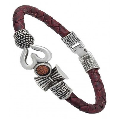 Trishul Damroo Designer Oxidized SILVER Bahubali Leather Kada Bracelet Unisex Cuff Bracelets for Men & Women Boys Bracelet