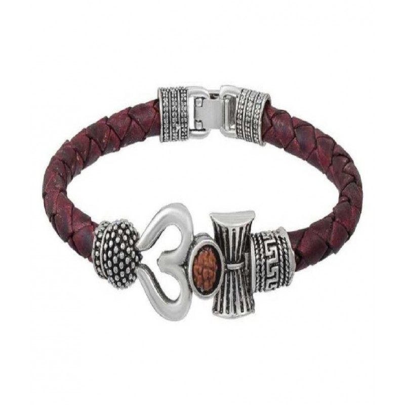 Trishul Damroo Designer Oxidized SILVER Bahubali Leather Kada Bracelet Unisex Cuff Bracelets for Men & Women Boys Bracelet