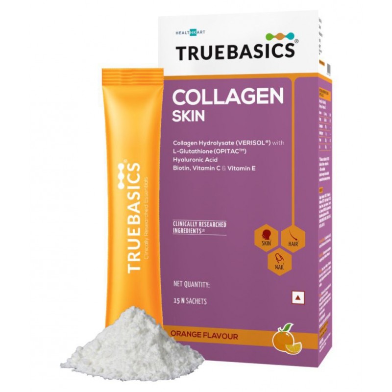TrueBasics Collagen Skin with L-Glutathione, Biotin, Vitamin C & Vitamin E for Healthy Hair, Skin & Nails, Clinically Researched Ingredients (Orange, 15 Sachets) TrueBasics Collagen Skin with L-Glutathione, Biotin, Vitamin C & Vitamin E for Healthy Hair, Skin & Nails, Clinically Researched Ingredients (Orange, 15 Sachets)