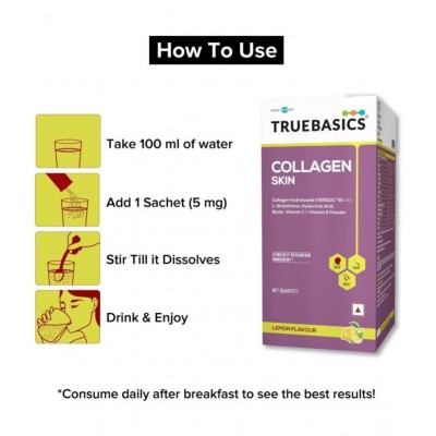 TrueBasics Collagen Skin with L-Glutathione, Collagen Peptides, Biotin, Vitamin C & Vitamin E, for Wrinkle Reduction, Anti-Ageing, Healthy Hair & Nails, Clinically Researched (Lemon, 15 Sachets) TrueBasics Collagen Skin with L-Glutathione, Collagen Peptides, Biotin, Vitamin C & Vitamin E, for Wrinkle Reduction, Anti-Ageing, Healthy Hair & Nails, Clinically Researched (Lemon, 15 Sachets)