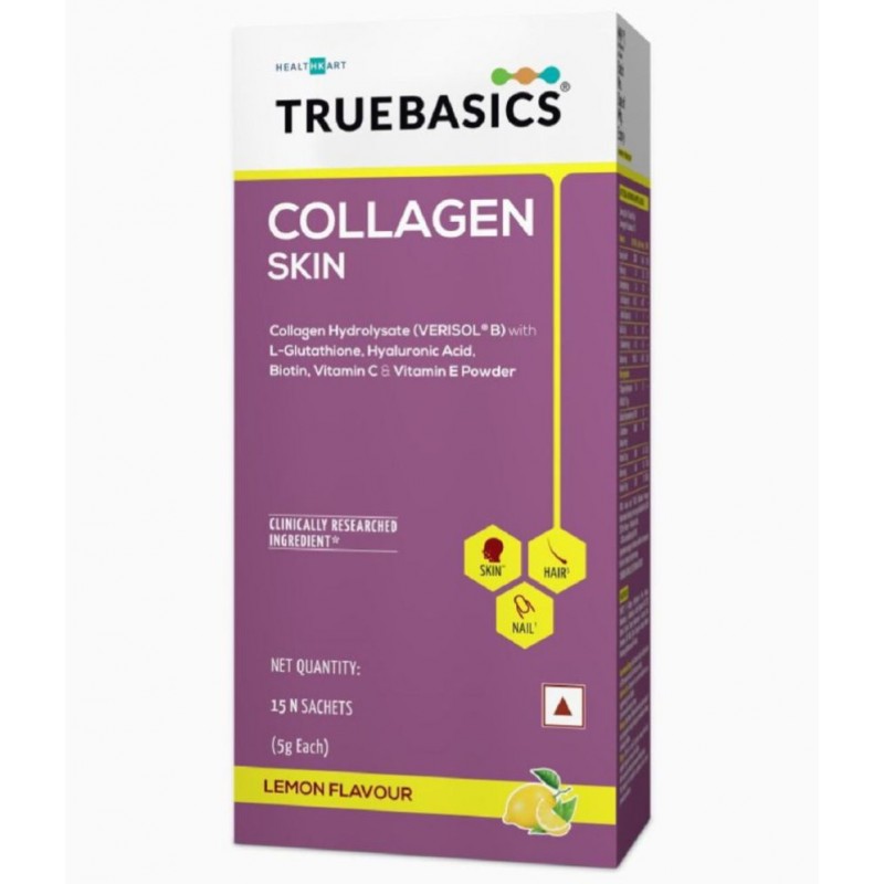 TrueBasics Collagen Skin with L-Glutathione, Collagen Peptides, Biotin, Vitamin C & Vitamin E, for Wrinkle Reduction, Anti-Ageing, Healthy Hair & Nails, Clinically Researched (Lemon, 15 Sachets) TrueBasics Collagen Skin with L-Glutathione, Collagen Peptides, Biotin, Vitamin C & Vitamin E, for Wrinkle Reduction, Anti-Ageing, Healthy Hair & Nails, Clinically Researched (Lemon, 15 Sachets)