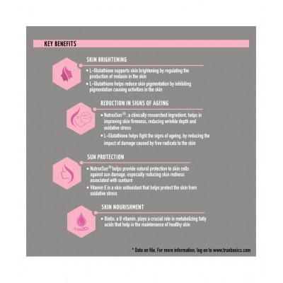 TrueBasics L Glutathione with Nutroxsun, Biotin & Vitamin E, For Healthy Skin, Clinically Researched Ingredients, 30 Tablets