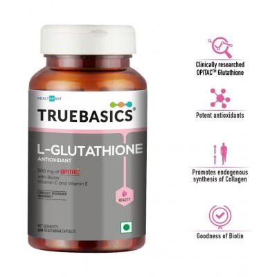 TrueBasics L Glutathione with Nutroxsun, Biotin & Vitamin E, For Healthy Skin, Clinically Researched Ingredients, 30 Tablets