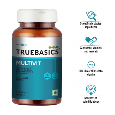 TrueBasics Multivit Daily, with Vitamin C, D, B12, Multiminerals, Antioxidant Blend, Clinically Researched Ingredients, 60 Tablets