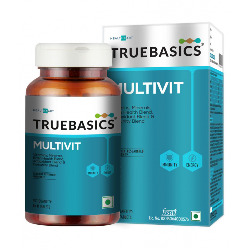TrueBasics Multivit Daily, with Vitamin C, D, B12, Multiminerals, Antioxidant Blend, Clinically Researched Ingredients, 60 Tablets