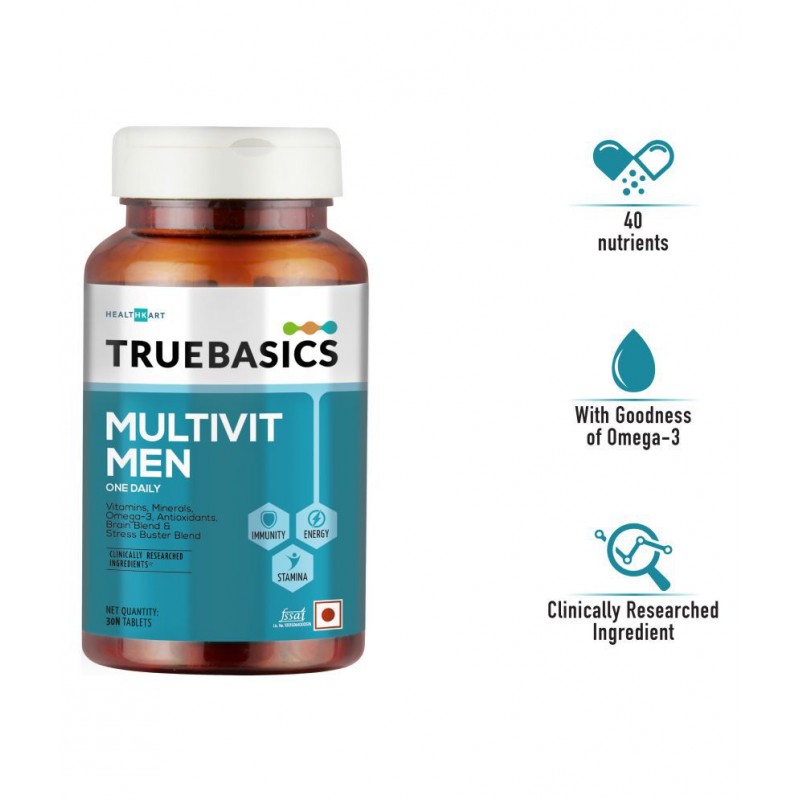 TrueBasics Multivit Men One Daily, Multivitamins, Multiminerals, Omega-3, 30 Tablets