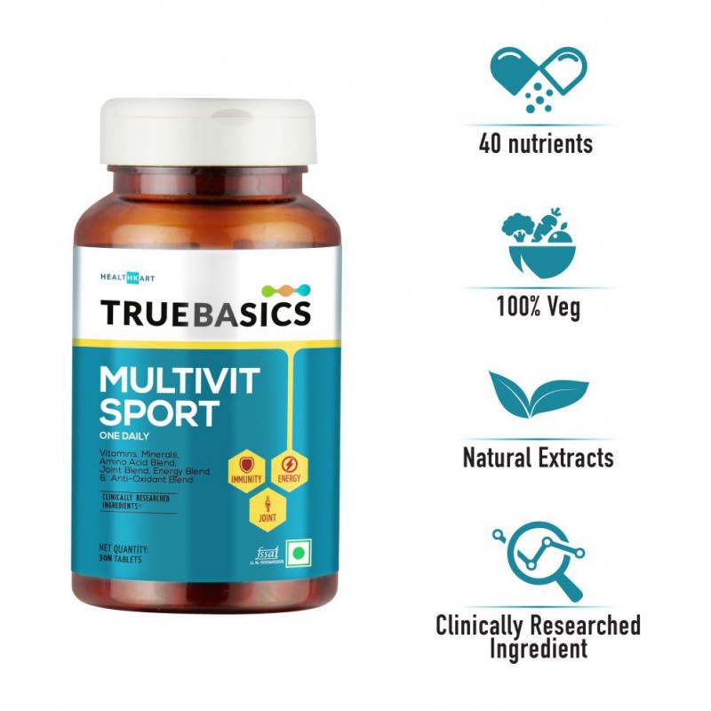 TrueBasics Multivit Sport One Daily, Multivitamin For Sports, Multimineral, Amino Acids with Antioxidant, 30 Multivitamin Tablets