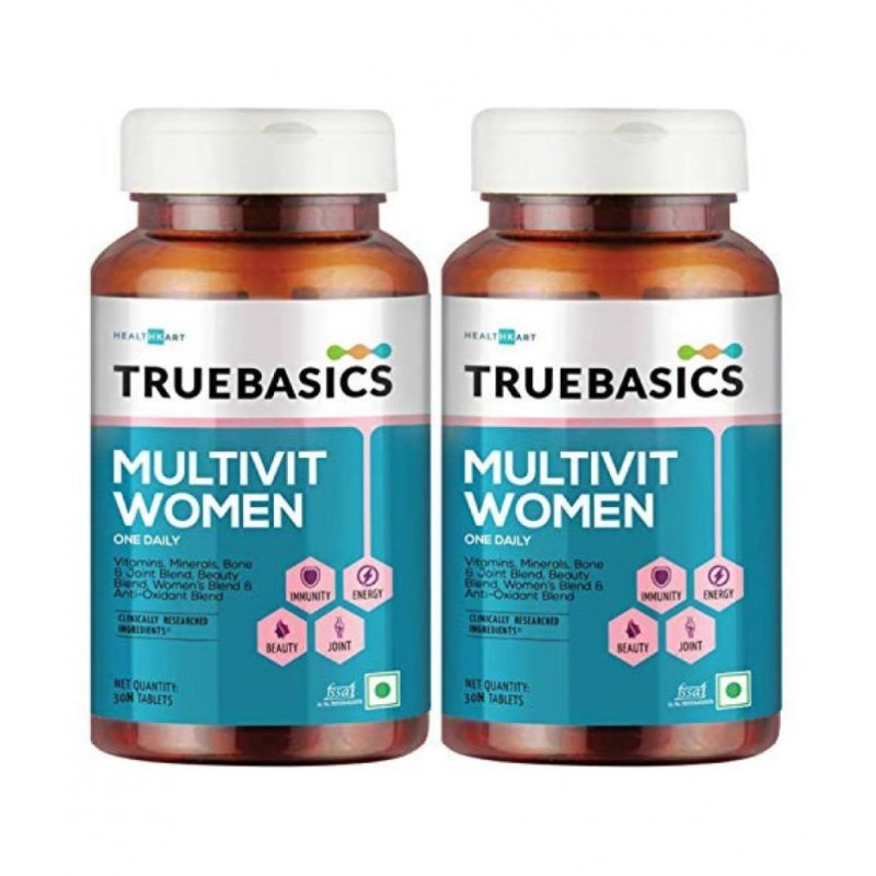 TrueBasics Multivit Women One Daily, Multivitamins, Multiminerals, Anti-Oxidants, with Bone, Joint & Beauty Blend, Clinically Researched Ingredients, 60 Tablets (30 Capsules- Pack of 2)