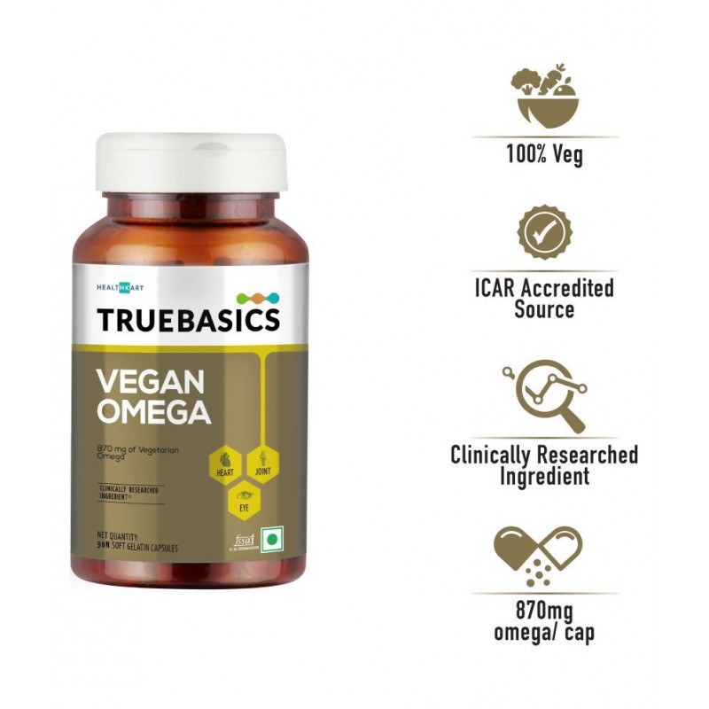 TrueBasics Vegan Omega-3,6 & 9, 870mg for Heart, Hair, Skin, Joint, Brain & Eye Health, - 90 Softgels