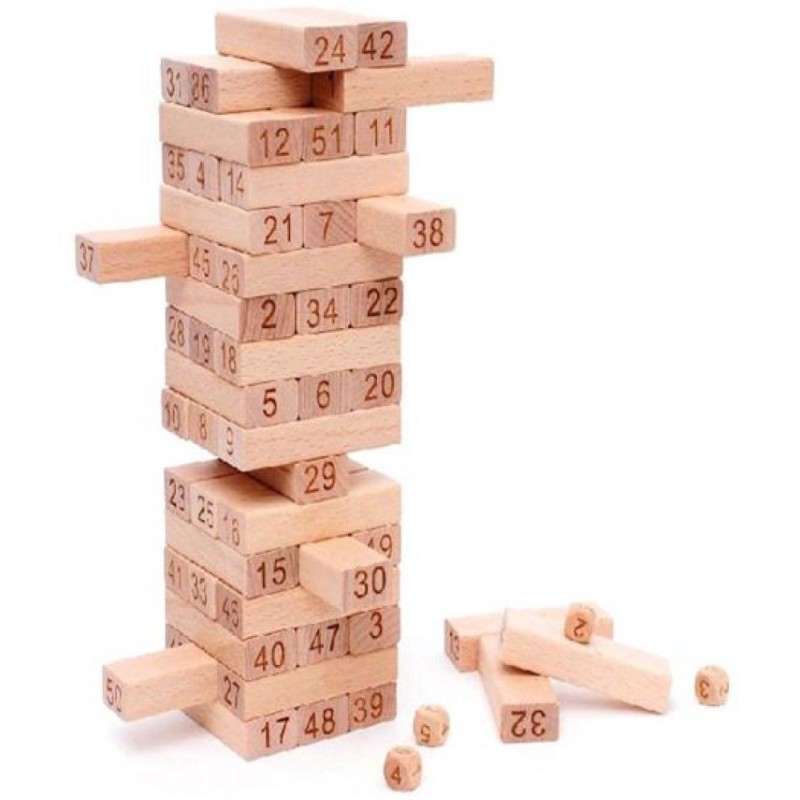 Tzoo® Wooden Wiss Toy Blocks Toy for Kids with 4 Wooden Dice Toy Tumbling Tower 48 Pieces (Beige)