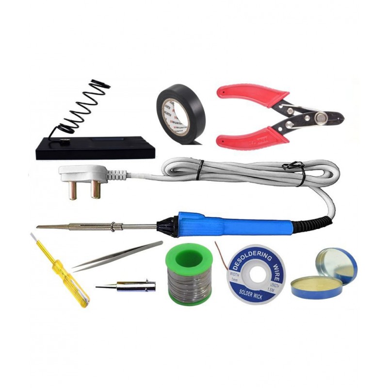 UKOIT (10 in 1) 25Watt Soldering Iron Kit =  Iron, Soldering Wire, Flux, Desoldering Wick, Stand, Cutter, Tester, Tape, Tweezer, Pointed Bit