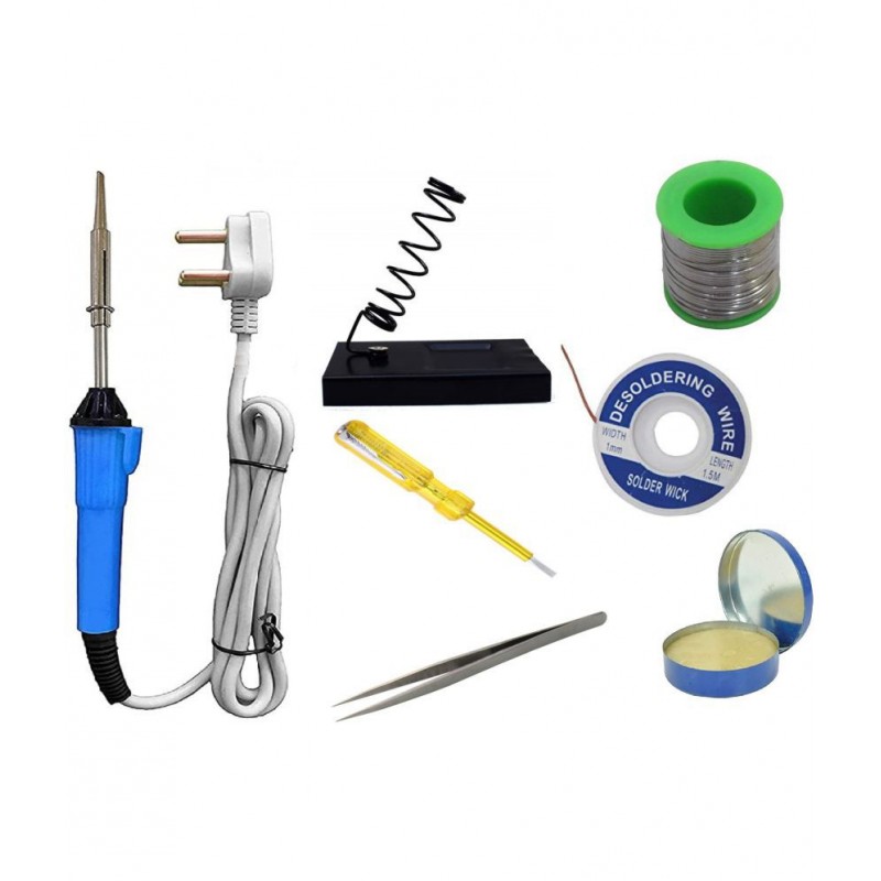 UKOIT (7 in 1) 25Watt Soldering Iron Kit =  Iron, Soldering Wire, Flux, Desoldering Wick, Stand, Tester, Tweezer