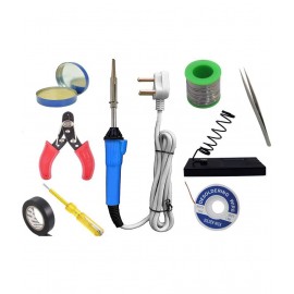UKOIT (9 in 1) 25Watt Soldering Iron Kit =  Iron, Soldering Wire, Flux, Desoldering Wick, Stand, Cutter, Tester, Tape, Tweezer
