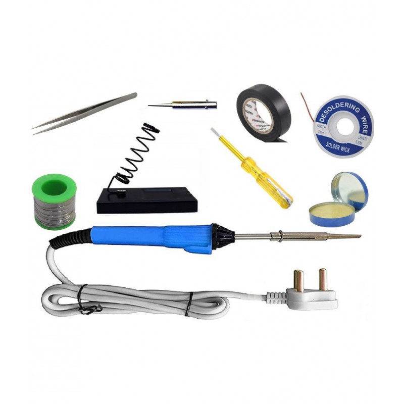 UKOIT (9 in 1) 25Watt Soldering Iron Kit =  Iron, Soldering Wire, Flux, Desoldering Wick, Stand, Tester, Tweezer, Tape, Pointed Bit